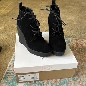 Jessica Simpson Black Suede Lace-Up Wedge Ankle Boots